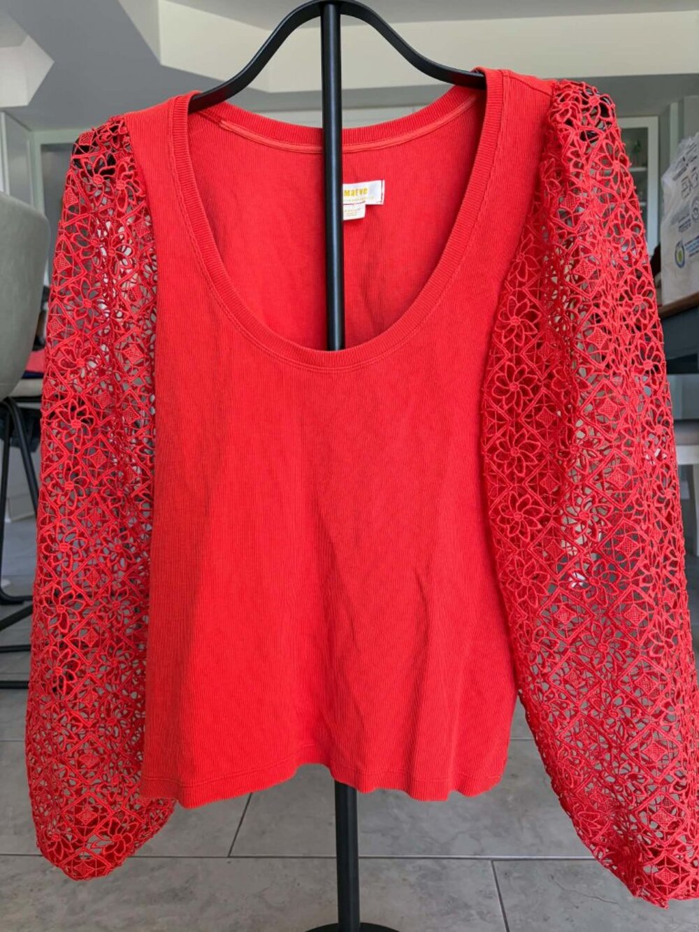 Maeve by Anthropologie Red Crochet Lace Balloon Sleeve Ribbed Top M